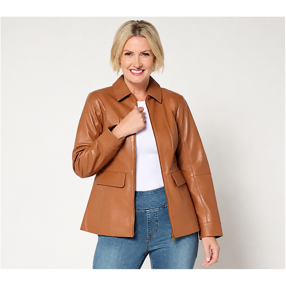 Denim & Co. Regular Lamb Leather Zip Front Jacket Rust Brown,Medium